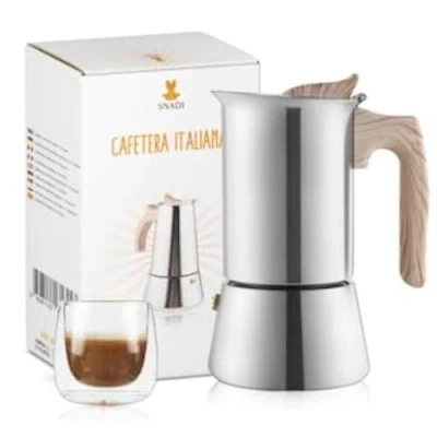 Afbeelding van Snadi Italiaans Mokka koffiezetapparaat modern en elegant design voor inductie, glaskeramiek, elektrisch gas ergonomisch robuust roestvrij staal espressokoffie (6 kopjes)