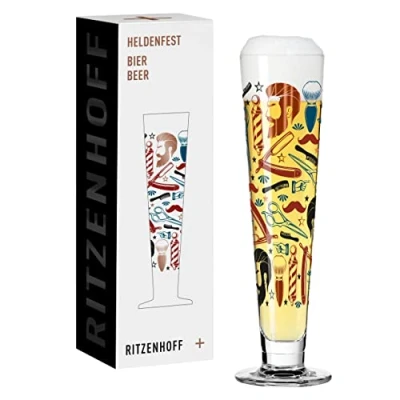 Afbeelding van bierglas 330 ml serie Heldenfest motief nr. 11 Barber rond en meerkleurig koper, blauw, rood, zwart