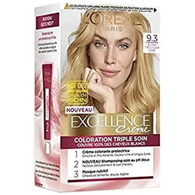 Afbeelding van L&#039;ORÉAL PARIS Permanente haarkleuring met drievoudige verzorging Dekt 100% wit haar Excellence Crème Schaduw : Licht Blond (9.3)