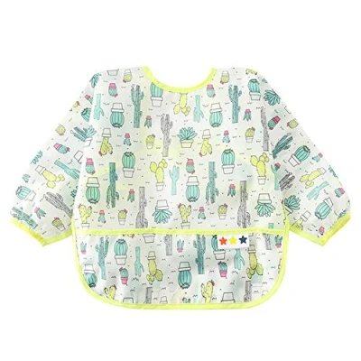 Afbeelding van Happy Cherry Schort voor baby&#039;s, lange mouwen, eten en schilderen, slabbetje, waterdicht, cactusmotief, jongens meisjes, geel maat M (6 24 maanden)