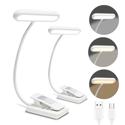 Afbeelding van LQWELL® 2 x leeslamp, boekenhouder, USB oplaadbaar, 3 kleurtemperaturen, 10 helderheidsniveaus, traploos dimmen, 360 graden flexibele wit