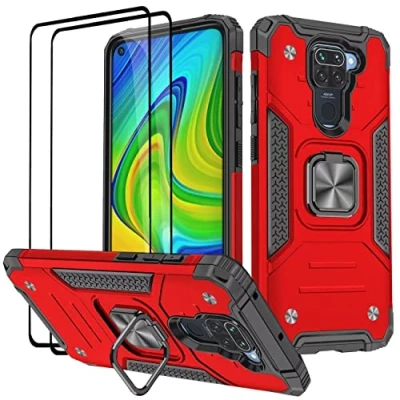 Afbeelding van KANSi beschermhoes compatibel voor Xiaomi Redmi Note 9, gehard glas, 2 stuks, TPU siliconen, 360 graden draaibaar, magneetsluiting, ringhouder, dubbele verdediging,