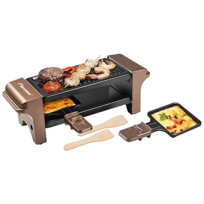 Afbeelding van Bestron Raclette voor 1 2 personen, mini tafelgrill met twee pannen, houten schrapers en schoteltjes, 350 W, kleur: koper