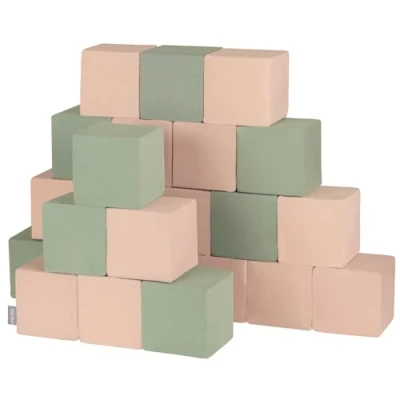 Afbeelding van KiddyMoon Lot de 24 cubes en mousse pour bébé Jouet Montessori avec et amusement les enfants, fabriqué dans l&#039;UE, blocs : sauge beige