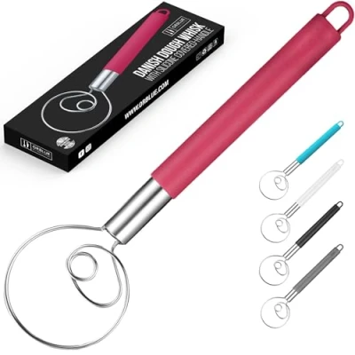 Afbeelding van ORBLUE Deense deeggarde met siliconen gecoate handgreep, roestvrijstalen mixer, rood