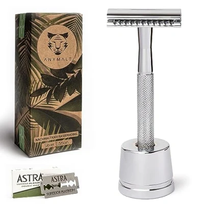Afbeelding van ANYMALE® Silver Edition veiligheidsscheerapparaat met standaard en 5 ASTRA mesjes Zero Waste scheerapparaat van metaal
