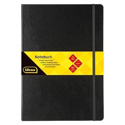 Image de Idena 209292 Carnet de notes DIN A4, ligné, papier crème, 192 pages, 80 g/m², couverture rigide en noir, 1 pièce