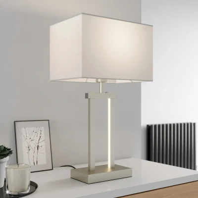 Afbeelding van Lindby Tafellamp met dimmer 1licht stof, metaal H: 54 cm wit, gesatineerd nikkel