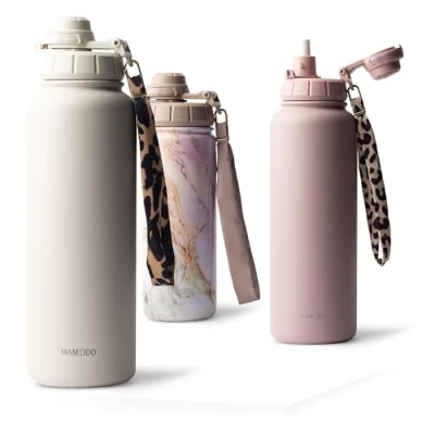 Afbeelding van MAMEIDO Thermosfles met rietje, 500 ml, BPA vrije roestvrijstalen thermosfles, lekvrije drinkfles en draaggreep, waterfles (Ivoor beige, 0,5 l)