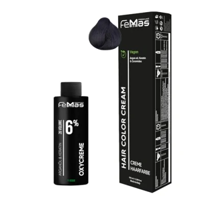 Afbeelding van Femmas Haarverfset donkerbruin 3 I Hair Color Cream 100 ml + oxycreme 6% permanente haarkleur ontwikkelaar zacht en duurzaam haarverf voor salon