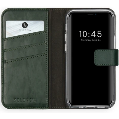 Afbeelding van Selencia Hoesje Geschikt voor iPhone 12 Mini Met Pasjeshouder Echt Lederen Bookcase Groen
