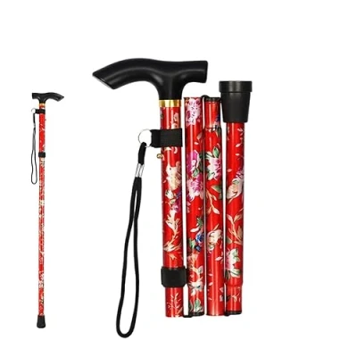 Afbeelding van BOBOZHONG wandelstok, opvouwbare stok voor ouderen, uitschuifbare opvouwbaar, dames, verstelbare aluminium flexibele rode bloem