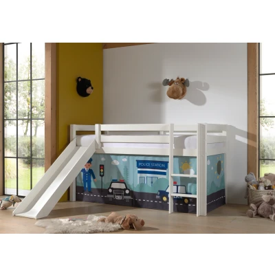 Afbeelding van LUCEVI Pino Halfhoogslaper H115CM + Ladder Glijbaan Police Gordijntjes Wit 90x200 cm