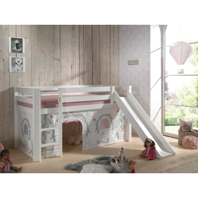Afbeelding van LUCEVI Pino Halfhoogslaper + Ladder Glijbaan Birdy Gordijntjes Wit 90x200 cm