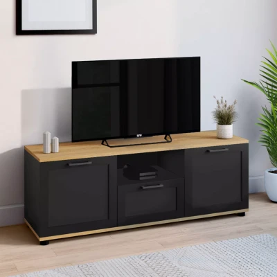 Afbeelding van VITO TV meubel met zwarte lade en nis 110 cm houten blad