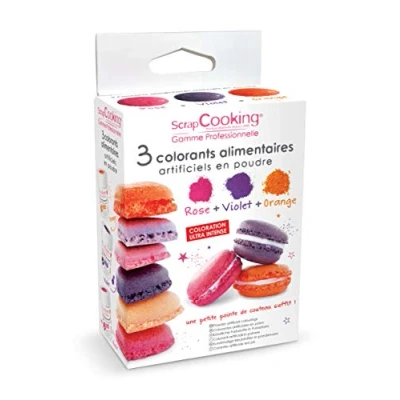 Image de 3 colorants alimentaires orange, violet, rose