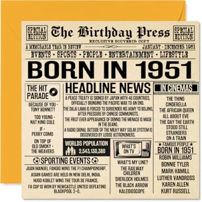 Afbeelding van Kaarten voor 73e verjaardag mannen en vrouwen Born In 1951 Verjaardagskaart mama, papa, oom, tante, vintage, retro, 1951, 145 mm x