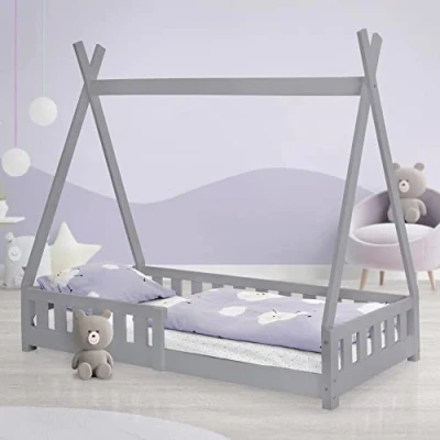 Afbeelding van ML Design Tipi kinderbed, lichtgrijs, met valbescherming, van massief grenenhout, 80 x 160 cm, lattenbodem en veiligheidsrooster in huisstijl, Indiaas bed, speeltent voor kinderen