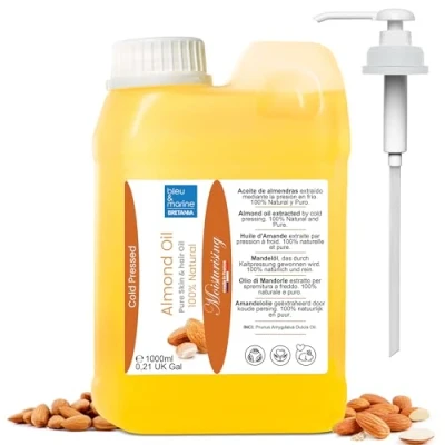Afbeelding van Biologische zoete amandelolie, koudgeperst, zuiver. Professionele massageolie, haar en wimperolie, hydraterend lichaam (handen, nagels), gezicht (anti aging), striae zwangerschap 1000 ml 1 l