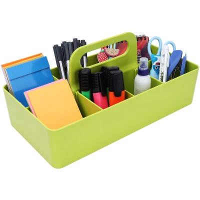 Afbeelding van Belle Vous Groen Plastic Bureau Organizer Caddy met Handvat 17 x 33 8 cm Draagbare Opslag Houder Compartimenten voor Kantoorspullen, Pennen, Potloden &amp; Knutselbenodigdheden