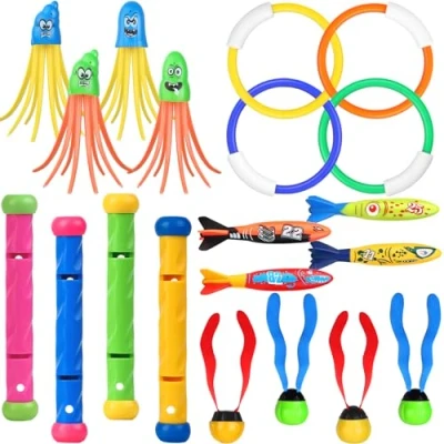 Afbeelding van Duikspeelgoed, zwemspeelgoed voor zwembad, 20 stuks, met duikstokken, duikringen, torpedo bandieten, duikspeelgoedballen, draderige octopus, onderwaterspeelgoed, zomer, spelletjes kinderen