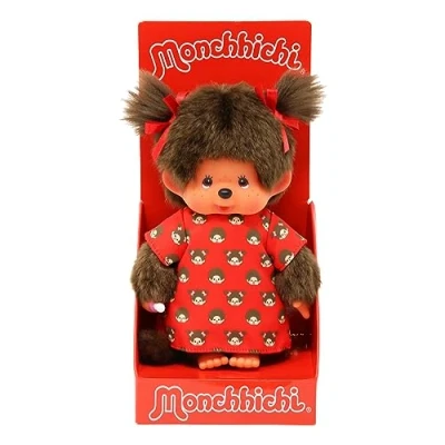 Afbeelding van Monchichi Meisje 20cm Rood Jurkje met Print
