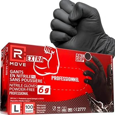 Afbeelding van R MOVE Lot de 100 gants en nitrile noirs, 6 g, extra résistants, 60% d&#039;épaisseur plus au doigt que 3,5 sans poudre latex pour mécaniques, tatoueurs, restauration, jetables (M)