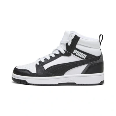 Image de PUMA Rebound V6 Mid Sneakers Youth, Chaussures, Blanc/Noir/Shadow Gris, 38.5
