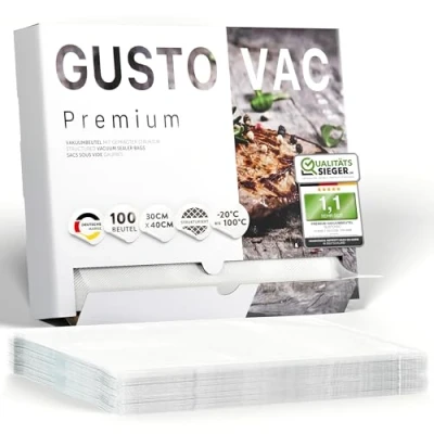 Afbeelding van GustoVac 100 vacuümzakken voor levensmiddelen, wafelpatroon, gemaakt in Europa, 30 x 40 cm, levensmiddelen