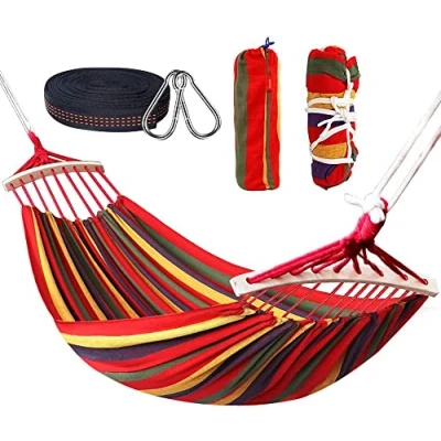 Afbeelding van Nakeey Dubbele hangmat met stangen, statisch draagvermogen, 300 kg, 280 x 150 cm, regenboogkleuren, geschikt voor binnen, balkon, buiten, reizen, kamperen, wandelen