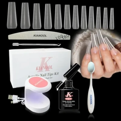 Afbeelding van Amerikaanse nagelset met extra lijn, 420 stuks nagelcapsules, ballerina, lang, amandel, vierkant, gel, kunstnagels 5 in 1 gellijm, uv lampset, 12 maten