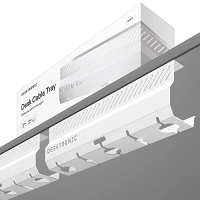Afbeelding van Desktronic 2 stuks roestvrijstalen bureaukabelgoot met 5 kabeluitsparingen, kabelorganizer, eenvoudig te installeren, kabelhouder, wit