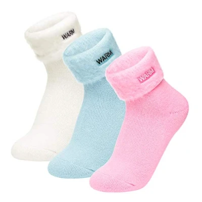 Afbeelding van Homealexa 3 paar behaaglijke gebreide sokken met badstof binnenkant Warme Wintersokken Thermische Kerstsokken, Lichtblauw/roze/wit
