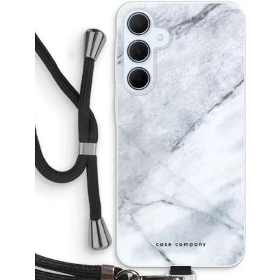 Afbeelding van Case Company® hoesje met Koord geschikt voor Samsung Galaxy A35 Witte marmer Telefoonhoesje Zwart Bescherming aan alle Kanten en Over de Schermrand