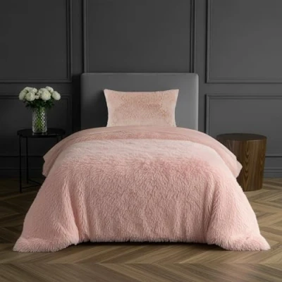 Afbeelding van Sleepdown 5056242754633 Beddengoed met kussensloop van fleece, langpolig, kunstbont, superzacht, onderhoudsvriendelijk, voor eenpersoonsbed (135 x 200 cm), polyester, roze (blush pink)