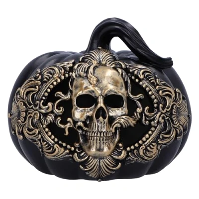 Afbeelding van Nemesis Now barok pompoenschedel oogst 16,7 cm hars zwarte pompoen en gouden doodshoofd, Halloween decoratie, ontwerp, herbruikbare pompoen, gegoten in