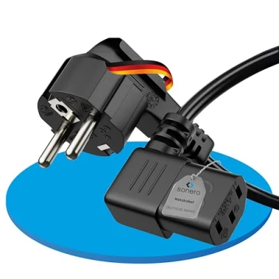 Afbeelding van sonero stroomkabel 3 polig 1 m geaard contact stekker naar C13 bus 90 hoek voor monitor, pc printer, zwart