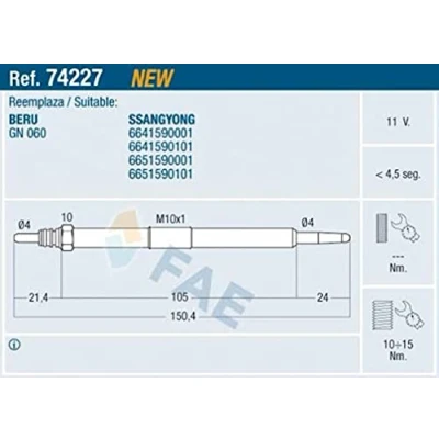 Afbeelding van FAE 74227 Gloeibougie 11V M 10x1 SSANGYONG: Kyron, Rexton / 2, Rodius I