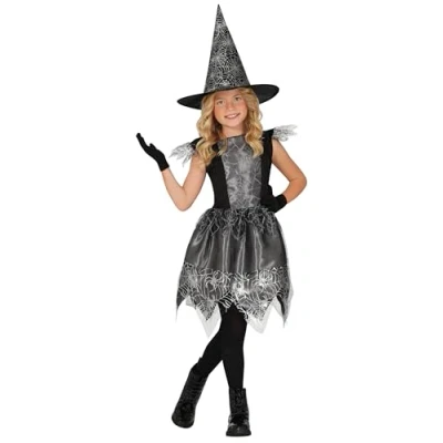 Afbeelding van Guirca Heks &amp; Spider Lady Voodoo Duistere Religie Kostuum Grijze Gek Op Grote Spinnen Meisje Zwart, Zilver 7 9 jaar Halloween Verkleedkleding