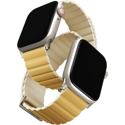 Afbeelding van Uniq Revix Premium Edition dubbelzijdig bandje voor de Apple Watch 1 / 2 3 4 5 6 7 8 9 SE Ultra (2) 42 44 45 49 mm Ivory/Canary Yellow
