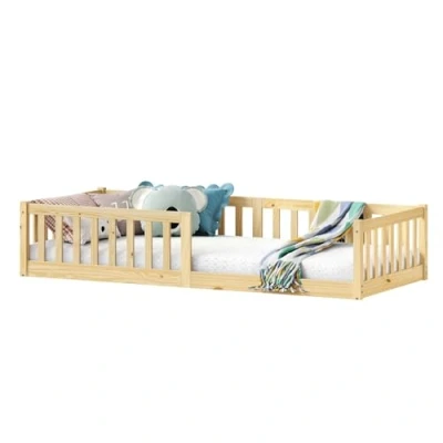 Afbeelding van IDIMEX Gustavo vloerbed met valbescherming van massief grenen natuur 90 x 200 cm Montessori kinderbed