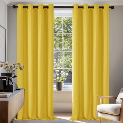 Afbeelding van Deconovo Warmte isolerende verduisteringsgordijnen, modern design met oogjes, gordijnen voor meisjesslaapkamer, 140 x 180 cm (breedte hoogte), mosterdgeel, 2 stuks