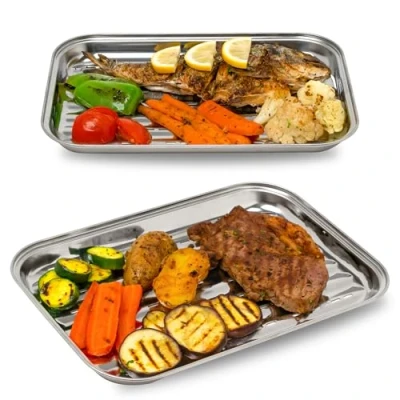 Afbeelding van GOURMEO BBQ Grillmand Set van 2 Roestvrijstalen Mand Grillmanden voor Buitengrill Groente en Vleesbak met Gaten