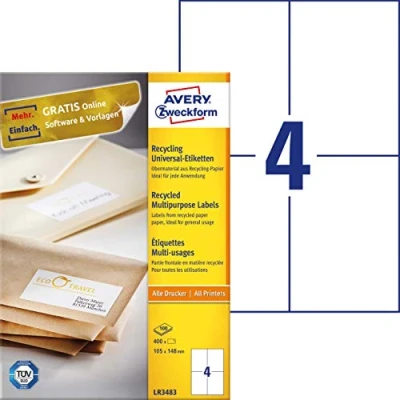 Afbeelding van Avery Witte gerecycleerde universele etiketten Ft 105 x 148 mm (b h), 400 stuks, 4 per blad etiket