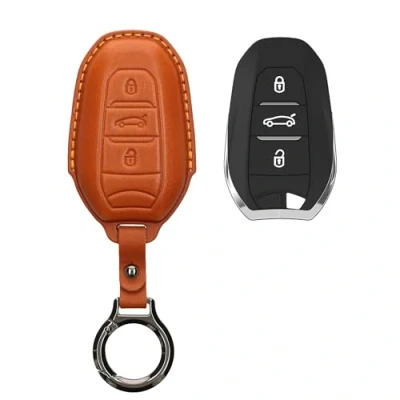 Afbeelding van kwmobile leren autosleutel hoesje geschikt voor Peugeot Citroen 3 knops Smartkey (alleen Keyless Go) Als sleutelhanger met sleutelring Echt leer in bruin