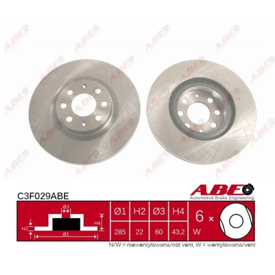 Afbeelding van ABE C3F029ABE Remschijf Vooras 284 22 6 100 Geventileerd FIAT: Punto Evo Hatchback, 500 C Convertible, Grande OPEL: Corsa D Hatchback
