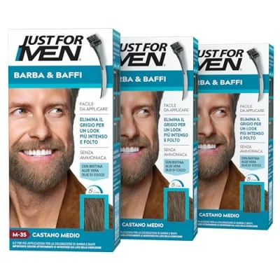 Afbeelding van Just for Men Baard &amp; Snor, baardverf voor heren, medium kastanje, verwijdering van grijs haar, met applicatorkam M35 (3 stuks)