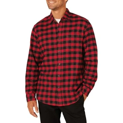 Image de Amazon Essentials Chemise en flanelle à manches longues (grandes tailles disponibles) Homme, Noir Rouge Carreaux Lainés, L