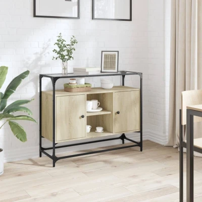 Afbeelding van Dressoir met glazen blad 98x35x81 cm hout sonoma eikenkleurig