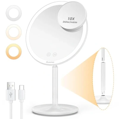 Afbeelding van Auxmir Verlichte make upspiegel, met mini vergroting, 10 stuks, zelfklevend, afneembaar, 3 instelbare lichtmodi, cosmeticaspiegel voor sieraden op voet, oplaadbaar, touchscreen tafelspiegel